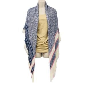 Large Fringed Shawl Blue Red Ivory Yellow Fringed Edges Large Loomed Weave